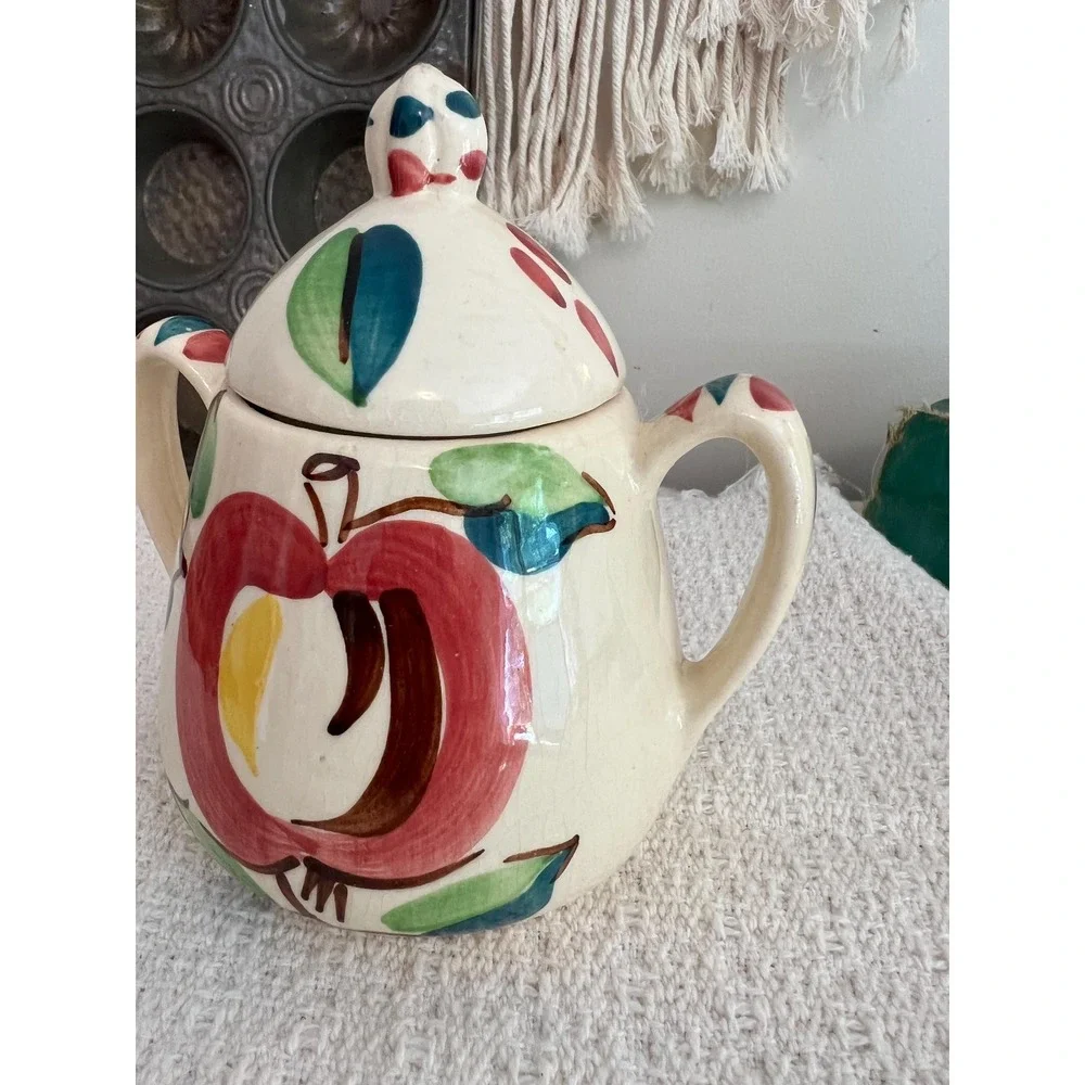 Vintage Purinton Pottery Sugar Bowl: Hand-Painted Apple Design, 1950s (3874)